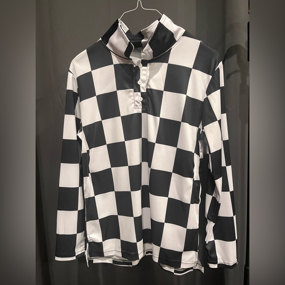 Polo Style Checkered Black and White Long Sleeve‎ Shirt.